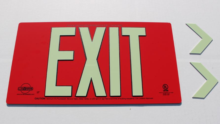 Photoluminescent Exit Sign, Single Sided, Red Aluminum Composite