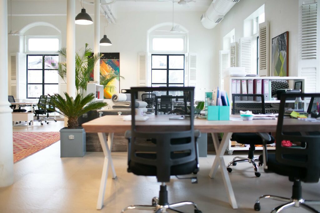 an office with LED bulbs