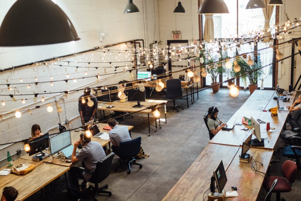 a workspace with LED bulbs