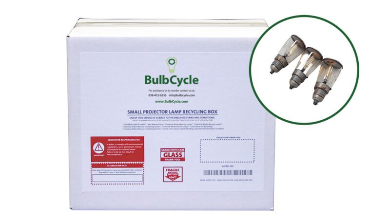 353-with-item BulbCycle 353 small projector lamp recycling box